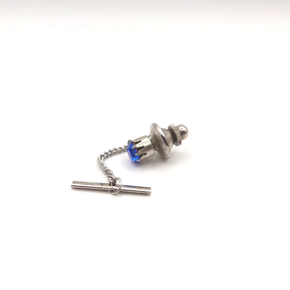 Vintage‎ Silver Tone Cobalt Blue Rhinestone Tie Tack with Safety Chain T-Bar
